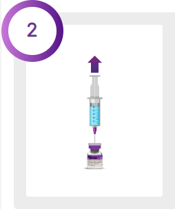 Spruta och en flaska med injektionsvätska med pil uppåt